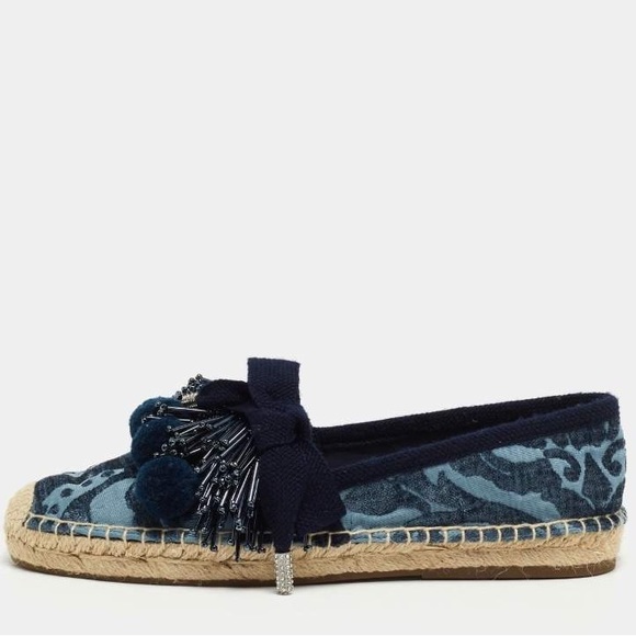 Marc Jacobs Blue Fabric Sienna Pom Pom Espadrille Flats Shoes Size 37.5 BLUE NEW - Picture 2 of 6